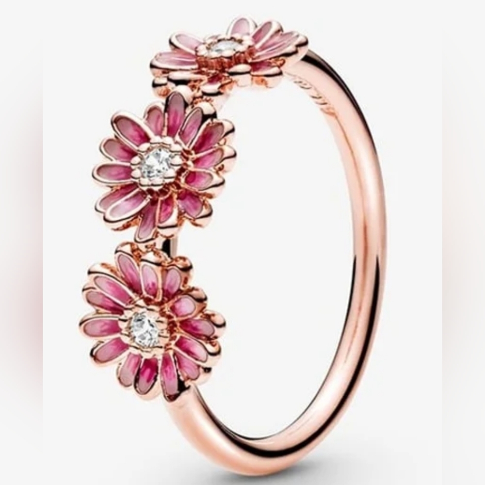 Pandora Pink Daisy Flower Trio Enamel - Rose Gold - Sz. 6 - Retail $125